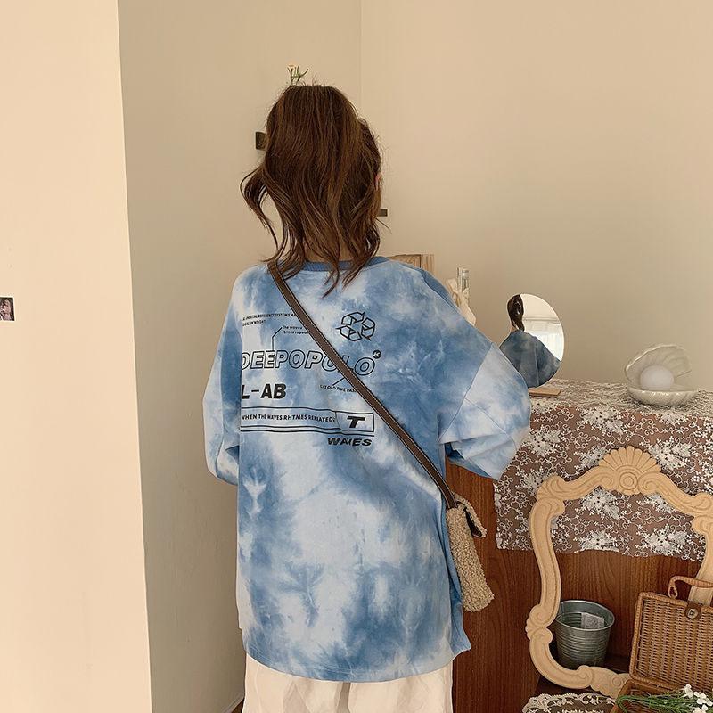 Spring  Autumn Thin Casual Long-sleeved Letter Printing Pullover Sweatshirt Tops Ladies O- Neck Tie-dye Hoodies