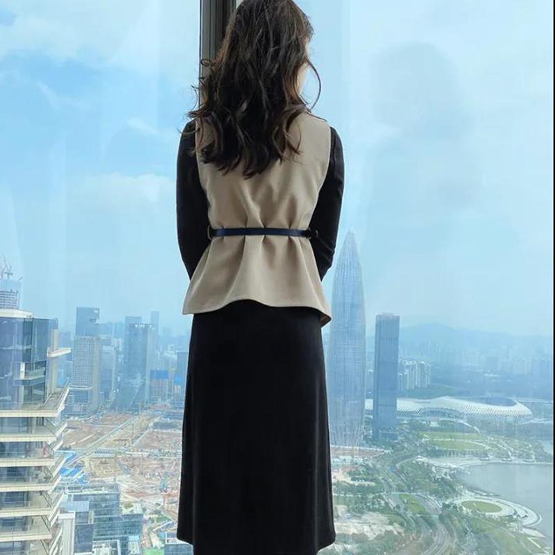 Spring and Autumn New Style Temperament Vest Vest Jacket Female Thin Temperament Mid-length Dress Two-piece Lady Elegant Style
