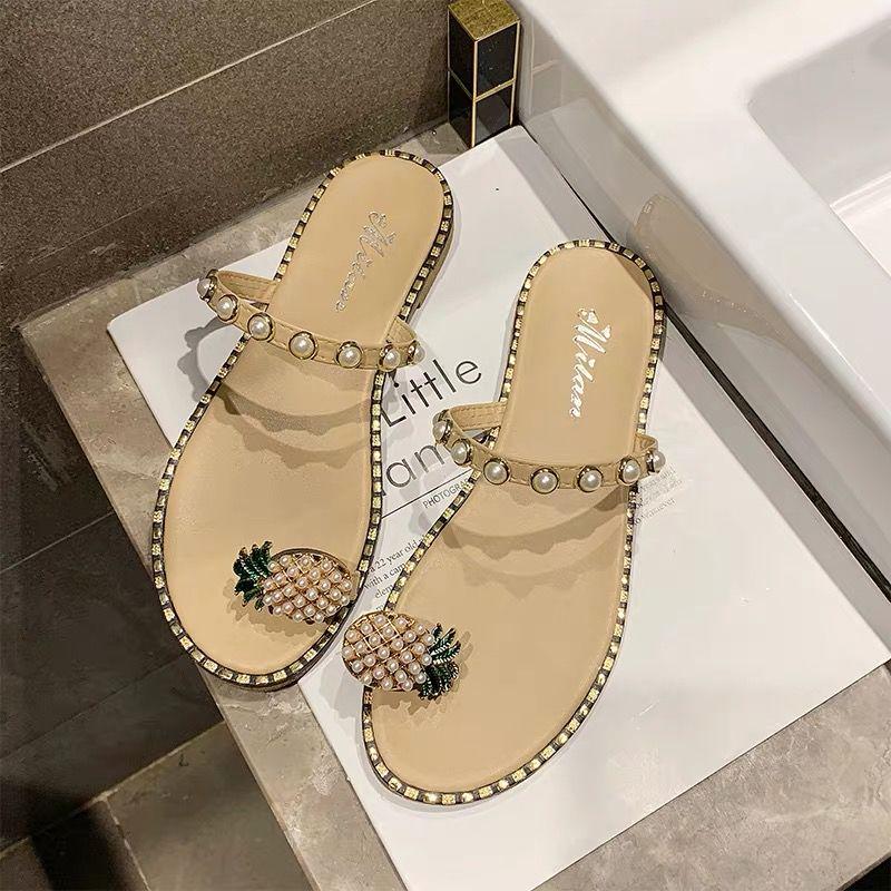 Women Flats Slippers Summer Casual Flip Flops Flowers Pearl Woman Flat Shoes 35-39 Size Comfortable Female Beach Sandals