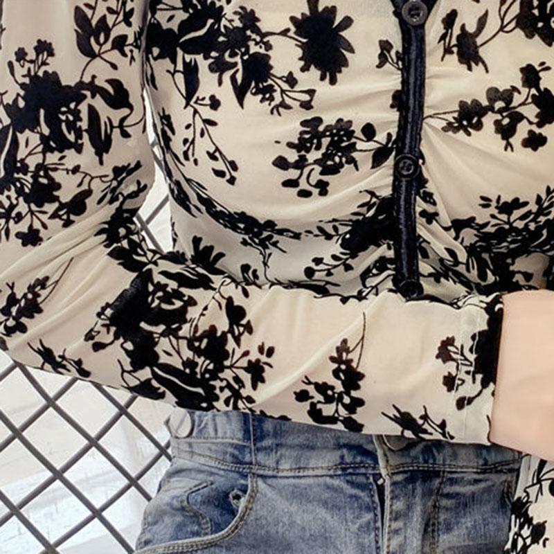 Women's Spring and Autumn Long-sleeved Tops Floral Slim Fit All-match Bottoming Shirts