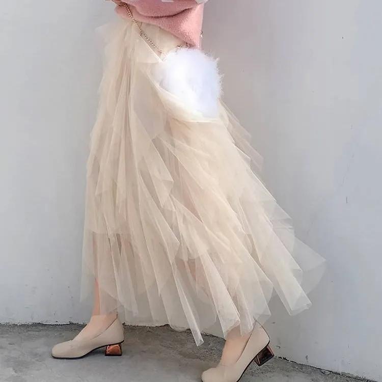 Spring Summer Sweet Cake Mesh Skirt Women's A-line Pleated Skirt Irregular Long Skirt Solid Color Fluffy Gauze Skirt Mid-length