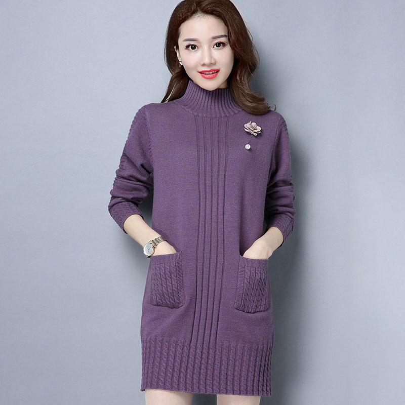 Women's Long Knit Sweater Winter Loose Pullover Sweater Turtleneck Thick Sweater Skirt with Pockets