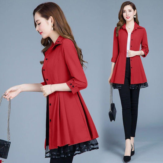 Women's Plus Size Windbreaker Jacket Spring and Autumn Thin Three-quarter Sleeves Lace Stitching Korean Version