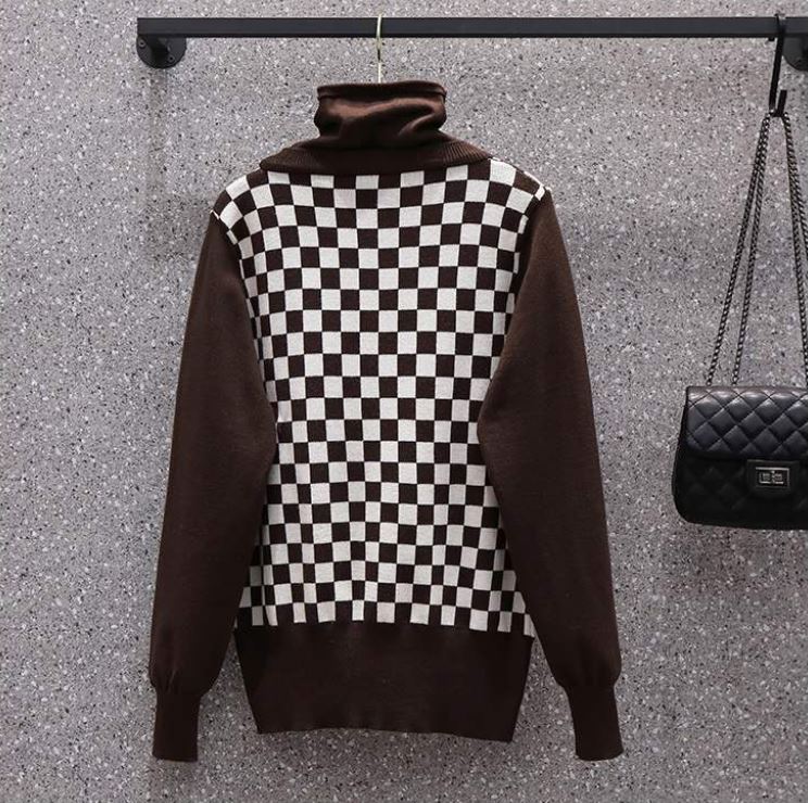 Women's Fashion Checkerboard Two-Piece Sweater High Neck Thickened Mid-Length Knit Sweater Loose Large Size Sweater