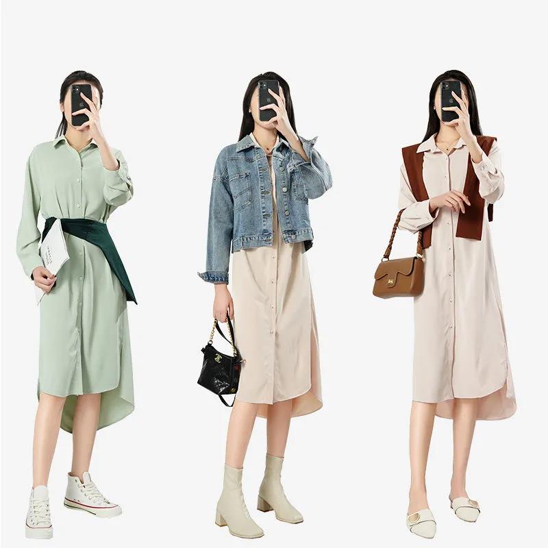 2021 Early Spring and Autumn Shirt Dress Women Loose and Thin Western Style Mid-length Outer Shawl Two-piece Suit