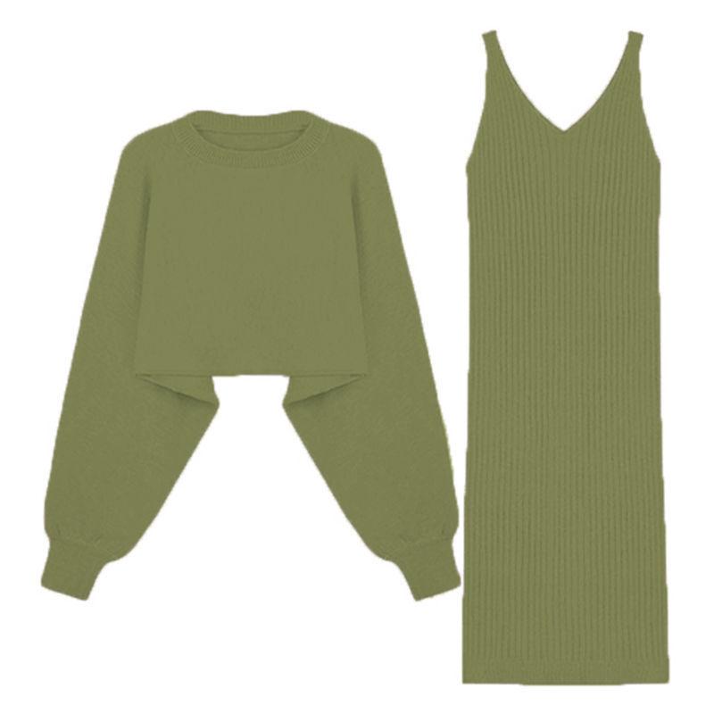 Two Piece Set Women Autumn Wear Loose Pullover Batwing Sweater and Sleeveless Strap Sweater Dress Ladies Outfits