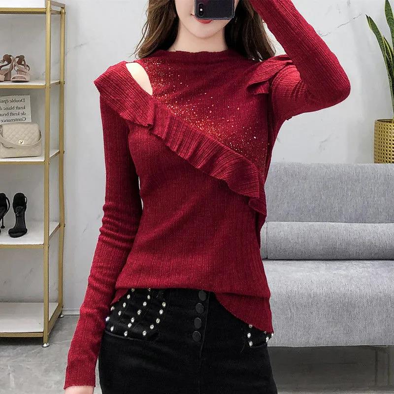 Women's Solid Color Lace Bottoming Shirt Fashion Off-the-shoulder Mesh Low Neck Bottoming Shirt Sexy Thin Knitwear