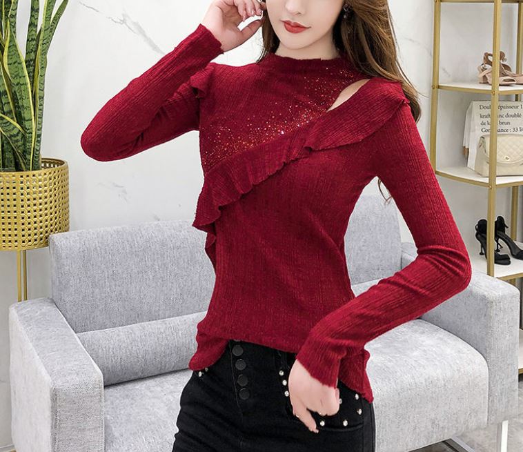 Women's Solid Color Lace Bottoming Shirt Fashion Off-the-shoulder Mesh Low Neck Bottoming Shirt Sexy Thin Knitwear