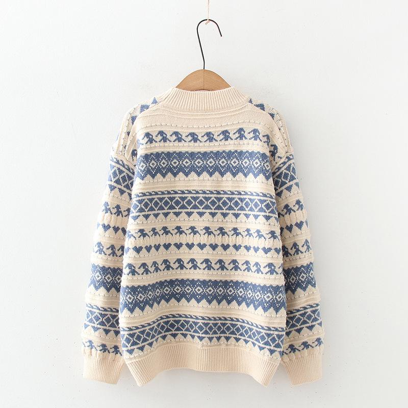 Autumn Winter Women Sweater Pullover Knit Jumpers Casual Loose Striped Pull Korean Knitwear Top Girls Student Retro Vintage Sweater Short Warm O Neck