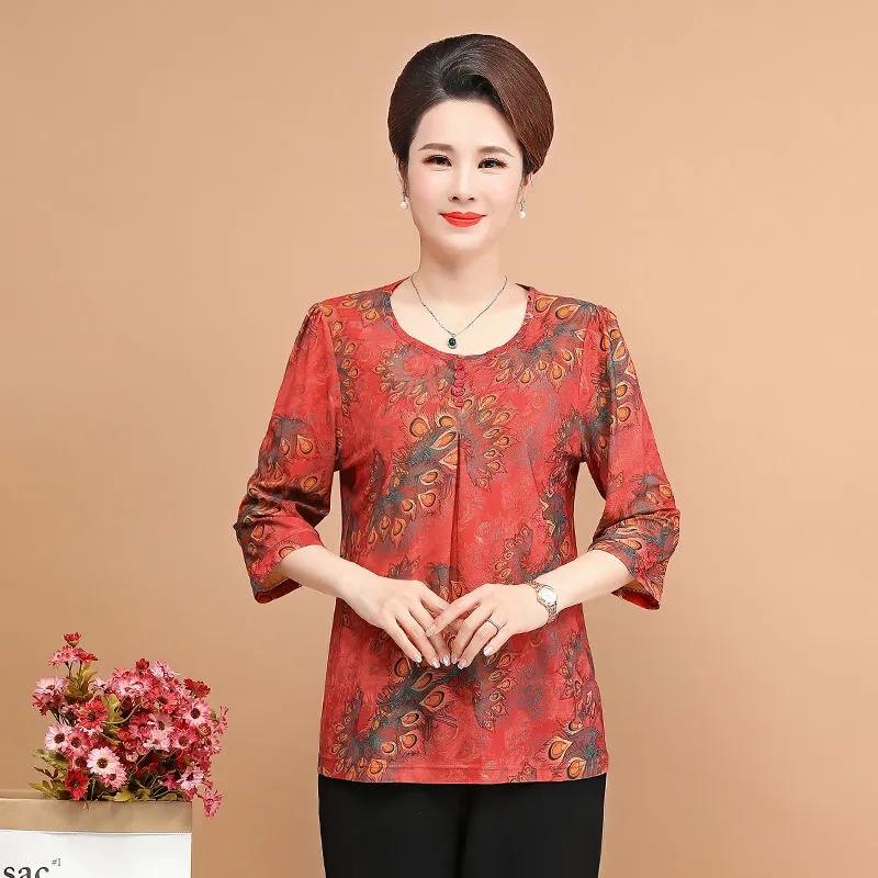 Summer Seven-point Mid-sleeve Middle-aged and Elderly Women's Clothing 50-year-old Short-sleeved Loose T-shirt Women's Top
