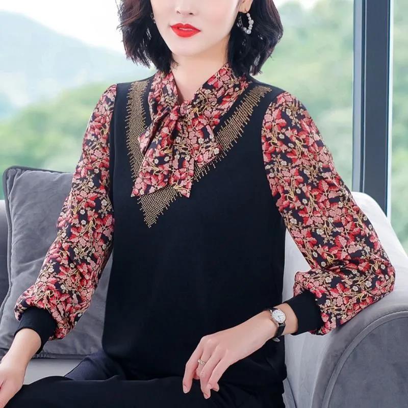 Printed Top Women's Long-sleeved Spring and Autumn T-shirt V-neck Chiffon Shirt Loose Shirt