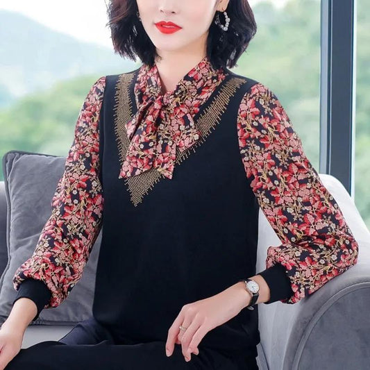 Printed Top Women's Long-sleeved Spring and Autumn T-shirt V-neck Chiffon Shirt Loose Shirt