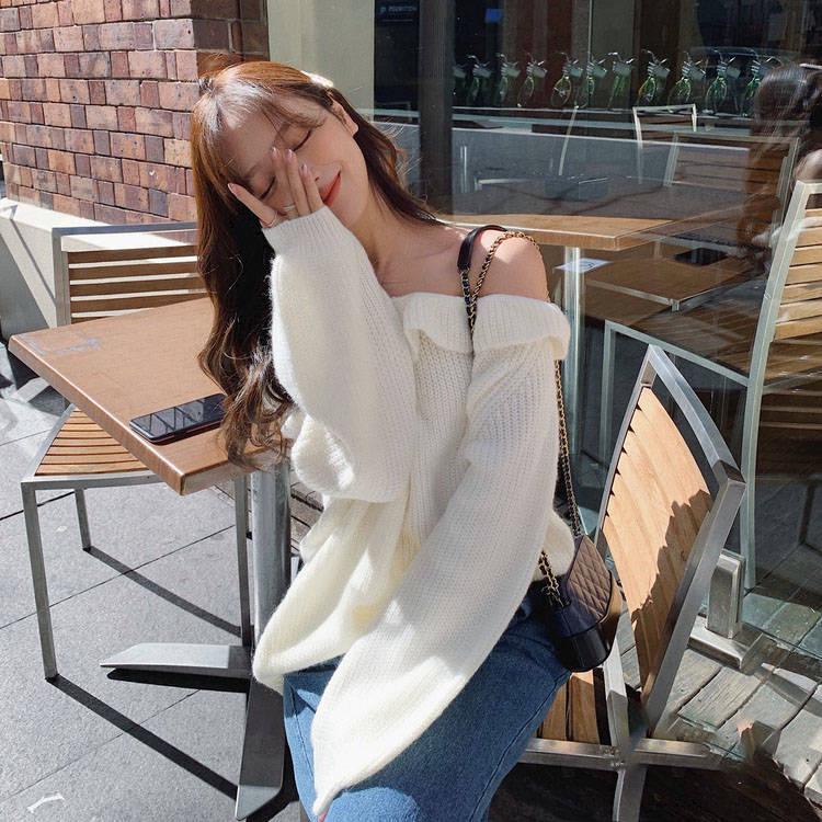 Women Strapless Sweater Ruffles Knitted Shirt Showing Your Sexy Clavicle Pullover Jumper
