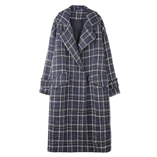Autumn and Winter Woolen Coat Retro Plaid Mid-length Woolen Coat Thickened Plus Cotton Over-the-knee Plus Size Woolen Coat