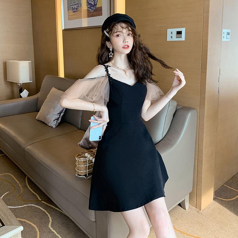 Sexy Woman V-neck Chiffon Sleeves Ruffled Sling  A-line dress Sleeveless Hollow Out Bare Shoulders Nightclub Bar Party