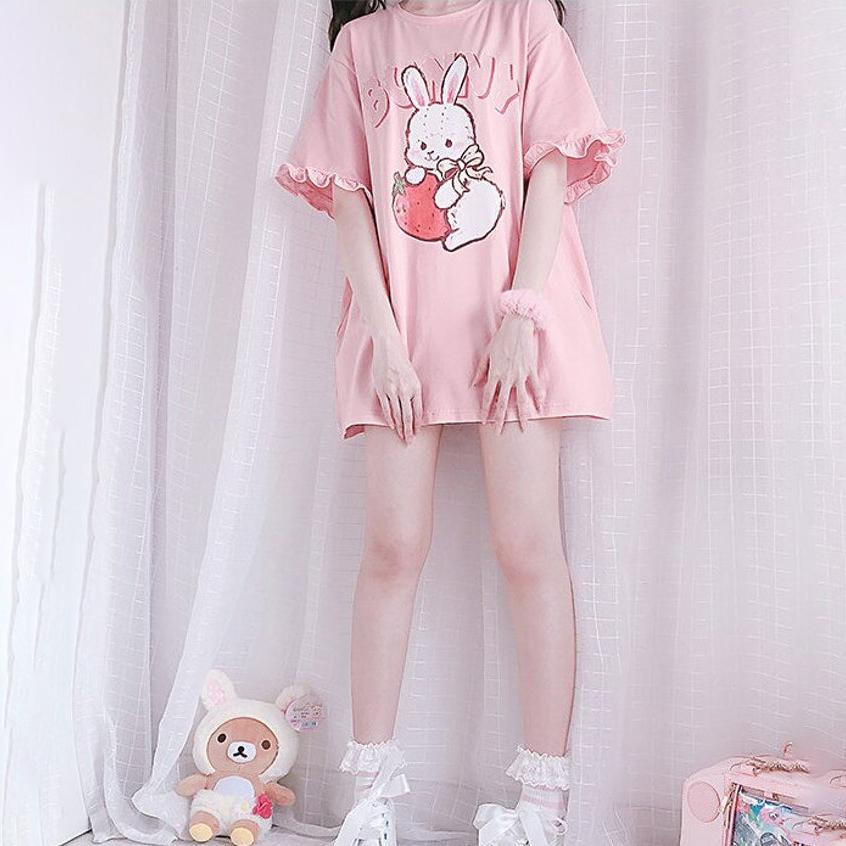 Harajuku Bunny Strawberry Shirt with Ruffles Kawaii Shirt Kawaii Clothing Soft Aesthetic Y2k Anime Shirt Japanese Shirt Cute Shirt Lolita