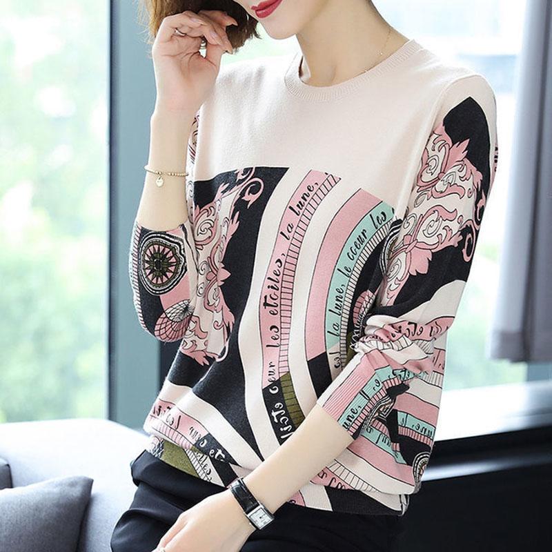 Ethnic Style Plus Size Printed Wool Sweater Ladies Thin Knit Bottoming Sweater O-neck Short Cashmere Sweater Jumper
