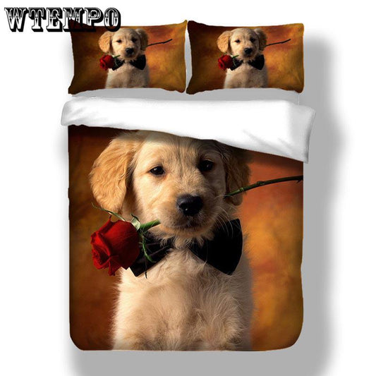 Fashion Cute 3D Cartoon Rose Dog Pattern Duvet Cover Set Bedclothes Pillow Cases Bedding Set