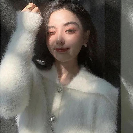 Mink Fleece Turn Down Collar Short Sweater Early Autumn Soft Waxy Diamond Button Knitted Cardigan Small Fragrance Jacket