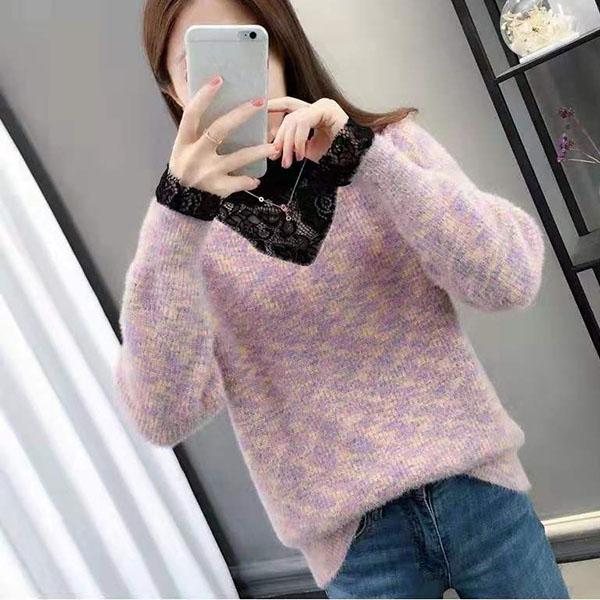 Imitation Mink Velvet Sweater Women Fake Two-piece Lace Stitching Turtleneck Pullover Sweater Colorful Bottoming Outer Wear Knitted Sweater Coat