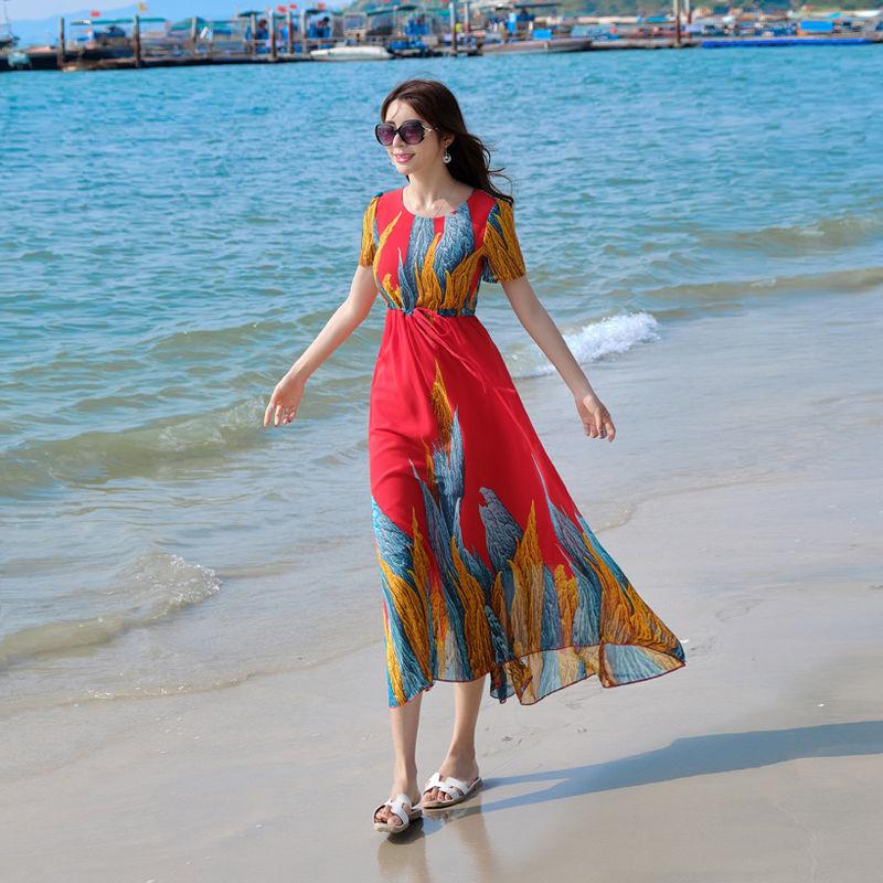 Plus Size Dress Female Seaside Vacation Beach Skirt Bohemian Long Skirt Plus Size Waist Slimming Long Skirt Chiffon Fabric