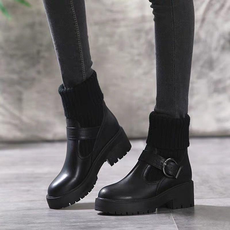 Female Socks Stitching Leather Martin Boots All-match Student Block Heel Ankle Boots British Style Snow Boots Black and White