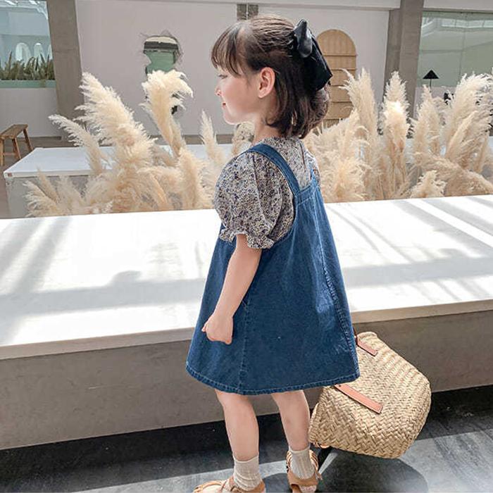 2PCS Children Clothing Set Spring Summer Girls Suits Floral Short Sleeve Tops + Denim Skirt Clothing Hin Strap Skirt Suit