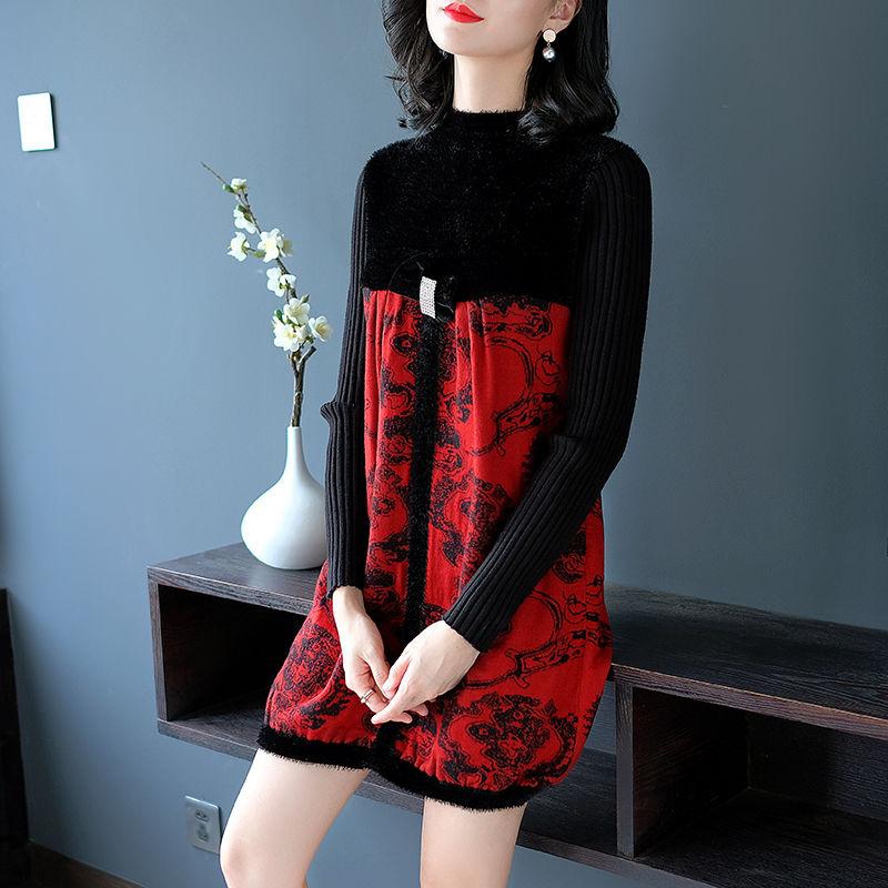 Vintage  Printed Woolen Sweater Women Thickened Long High Neck Furry Pullover Dress Plus Size  Loose Bottoming Sweater Dress