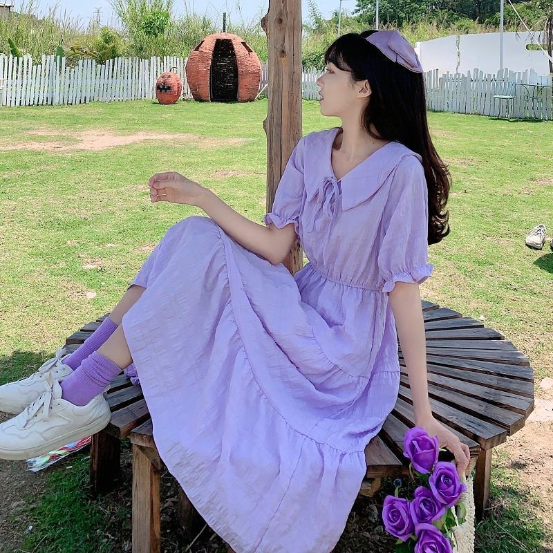 Cute Sweet Well-behaved Girl Solid Color Bow Ruffle Mid-length A-shaped Skirt Age Reduction Looser  Short Sleeve Dress