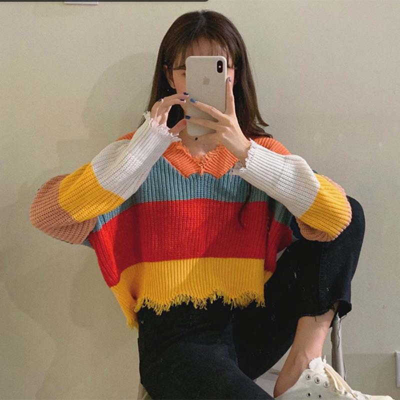 Pofulove loose sweater rainbow striped color matching striped fringe student short sweater women