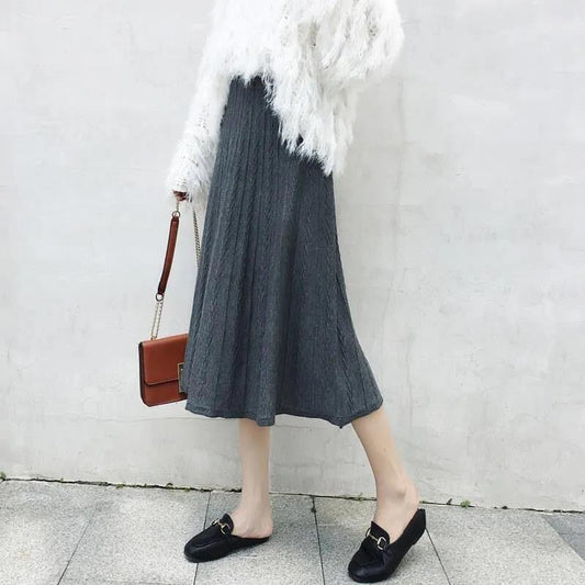 Knitted Skirt Female Student Korean Version of The Autumn and Winter Thickened High Waist Mid-length A-line Pleated Skirt Chic Large Swing Skirt