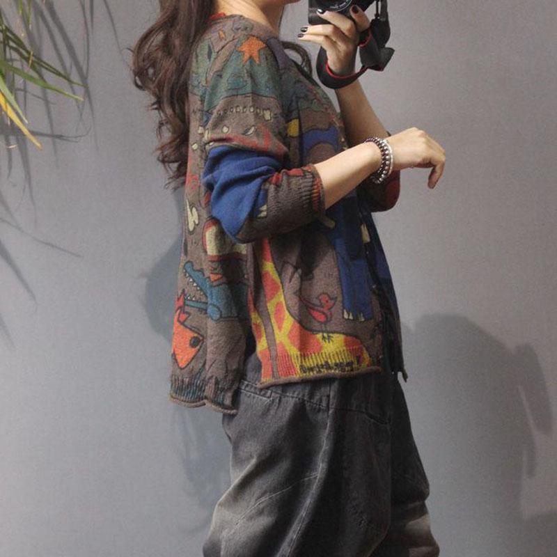 Vintage Ethnic Printed Knitted Cardigan Women Loose Large Size Wild Knitted Sweater Coat Jacket