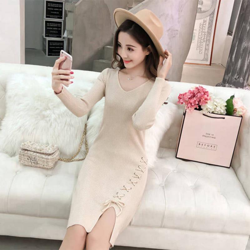 Pofulove Hip Sweater Dress Winter Women's Slim Fit Hedging Mid-length Bottoming Knitted Sweater