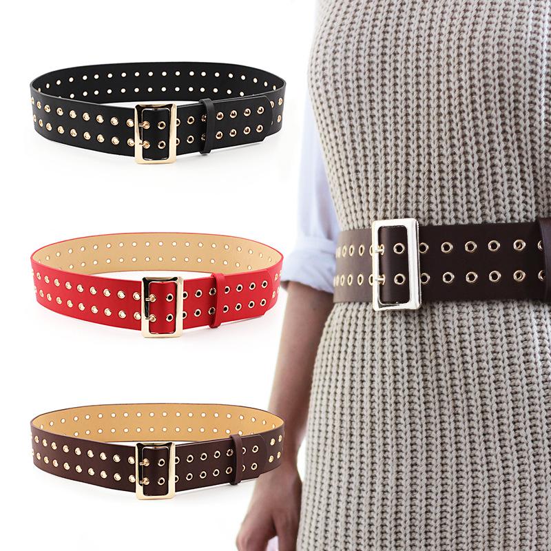 Belt double pin buckle double row ladies fashion pants belt clothing decoration