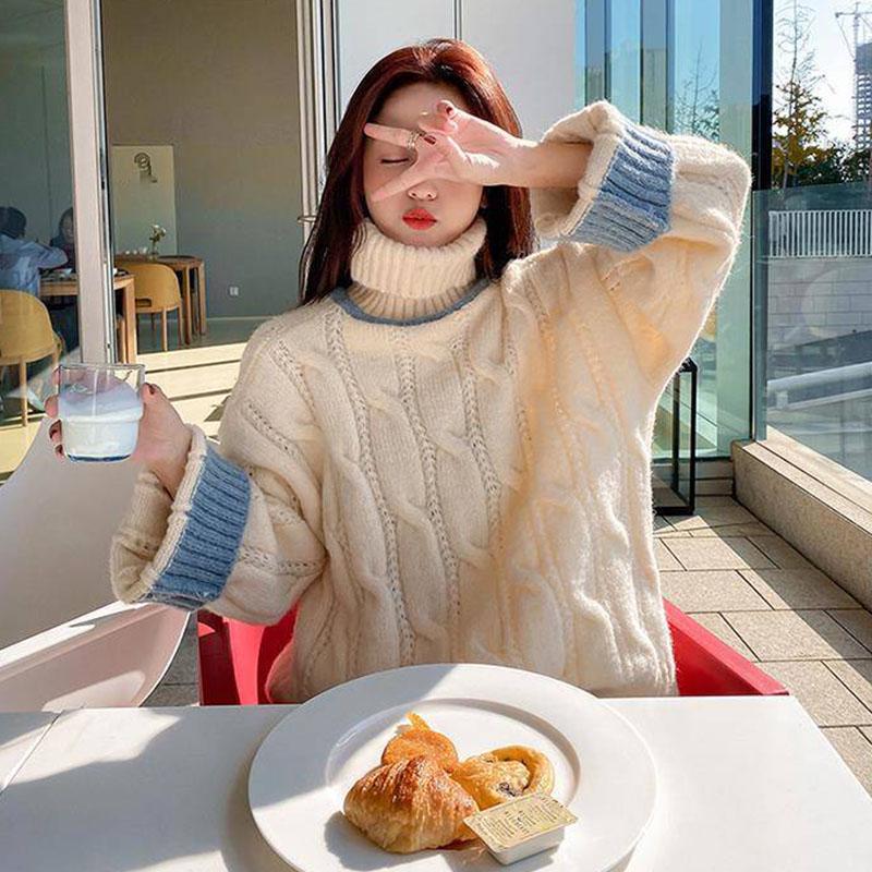 Korean Version of Thick Color-blocking Twist Turtleneck Sweater for Female Students Sweet and Versatile Pullover Sweater