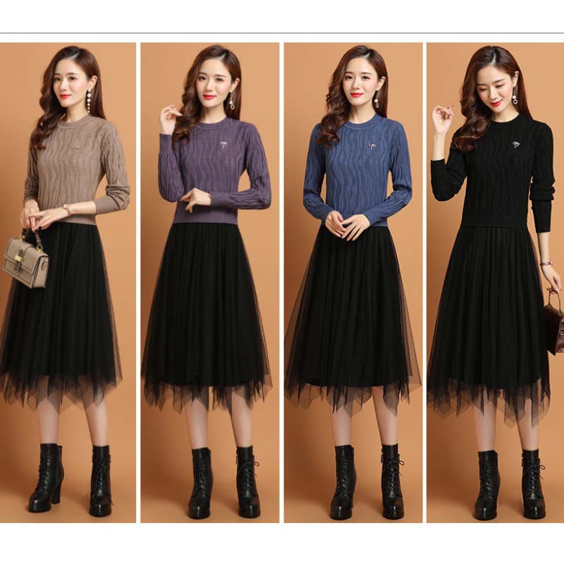 2021 New Female Autumn and Winter Mid-length Fake Two-piece Dress All-match Knitted Bottoming Shirt Inner Dress