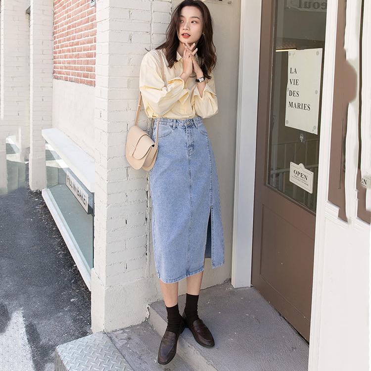 Long Skirt Women Solid Split Denim Skirt High Waist Over The Knee Hip Skirt Casual Club Home Office