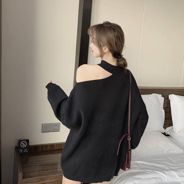 Women Autumn Winter One Shoulder Sweater Loose Pullover Warm Long Sleeve Knitted Streetwear