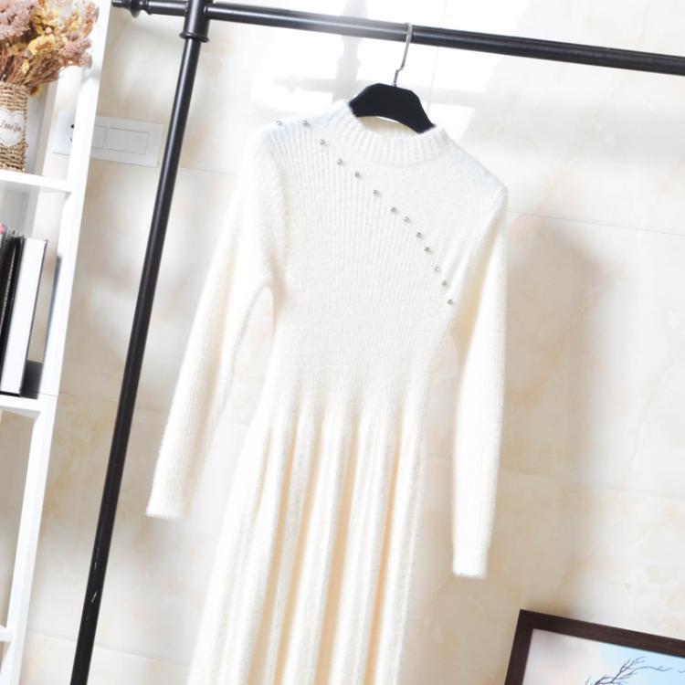 Casual Knitted Bottoming Shirt Mink Sweater Long Sleeve O-Neck Pullover Winter Long Dress