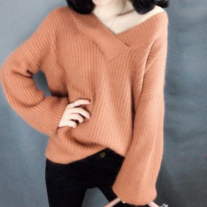 Women's Casual Loose Sweater Off Shoulder V-Neck Knitted Pullover Top Knitted Sweater