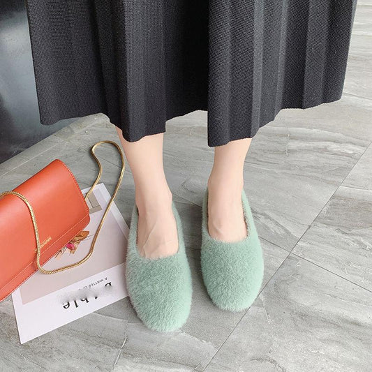 Shallow Mouth Peas Shoes Women Plus Velvet Autumn and Winter Shoes Moccasins Flat Bottom Plus Velvet One-pedal Plush Shoes Women