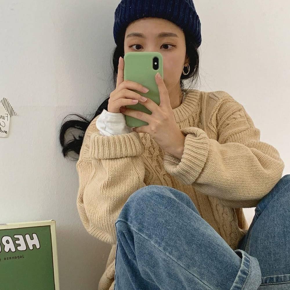 Pofuove Autumn Winter College Wind Twist Round Neck Sweater Girl Student Loose Wild Knitted Top