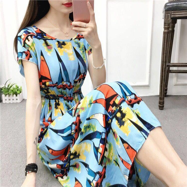 Summer Ethnic Style Cotton Silk Floral Dress Seaside Vacation Cotton Fairy Skirt Large Size Printed Vest Mid-length Skirt