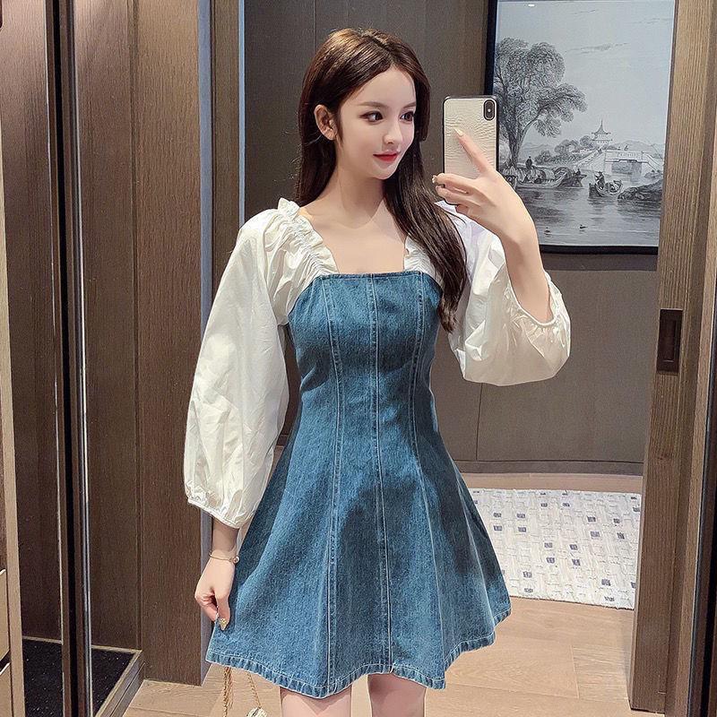 Women's Denim Dress A-line Skirt Puff Sleeves Spring and Summer Sexy Above The Knee Length Daily Wear Office Dating Party