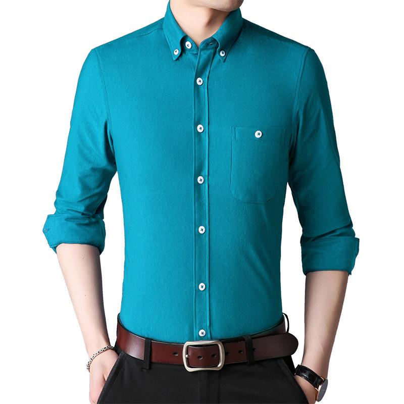 Flannel Shirt Men T-shirts Slim Tees Button Up Overshirt Stretch Undies Casual Long Sleeve Cardigan Solid Color Male Clothing