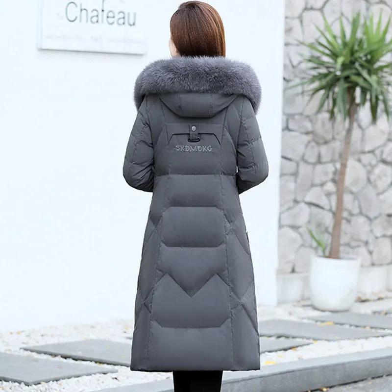 Women's Down Padded Jacket Plus Size Embroidery Long Over-the-knee Padded Jacket Korean Style Slim Slimming Padded Jacket Women