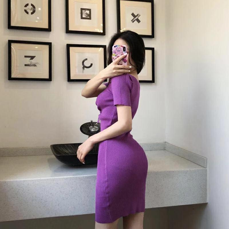 Low-cut Sexy Women Knitted Tight-fitting Dress High Elasticity  Solid Color Short Sleeve Summer One Size