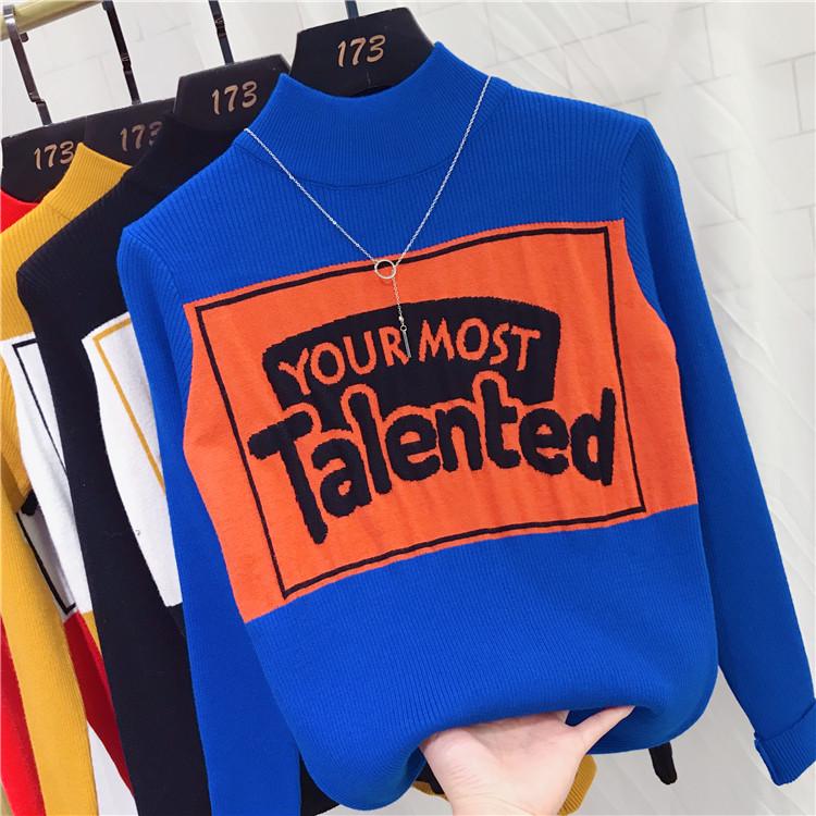 Pofulove Colorblock Lettering Turtleneck Sweater Hong Kong Style Retro Bottoming Slim Fit