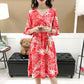 Fashion Summer Cotton Dress Mid-length Elasticated Wasit Printed Dress V-neck Flared Sleeves Dress