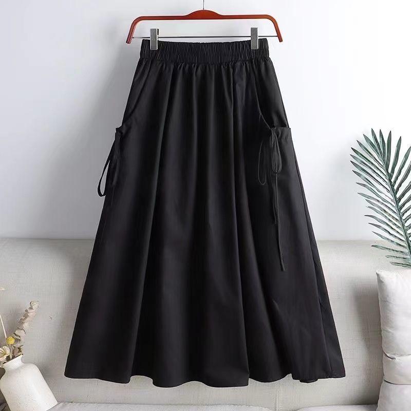 Workwear Half Body A-line Skirt Women's Pure Cotton Versatile Solid Color Lace-up Drawstring Pocket Mid-Length